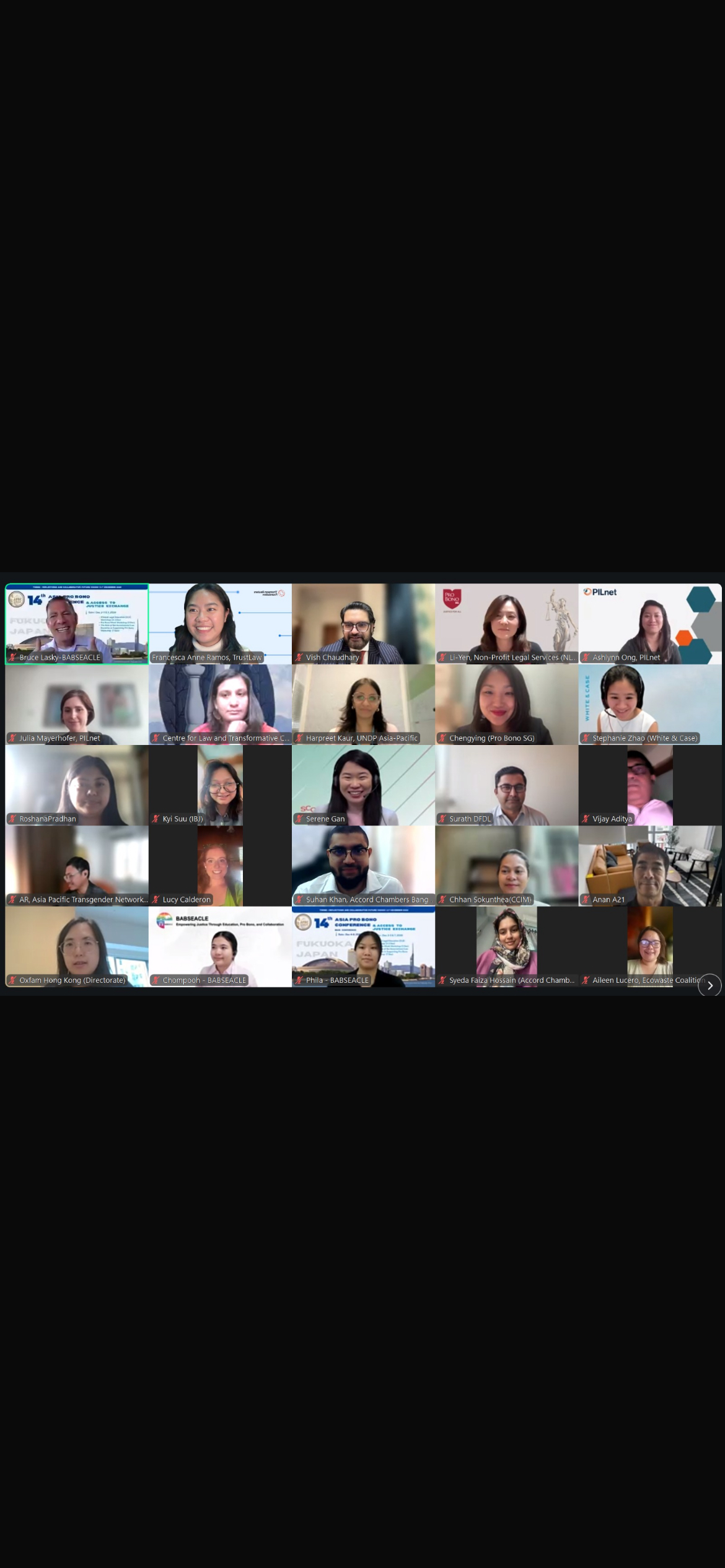 Screen with headshots of all participants of Asia Pro bono roundtable webinar March 2025